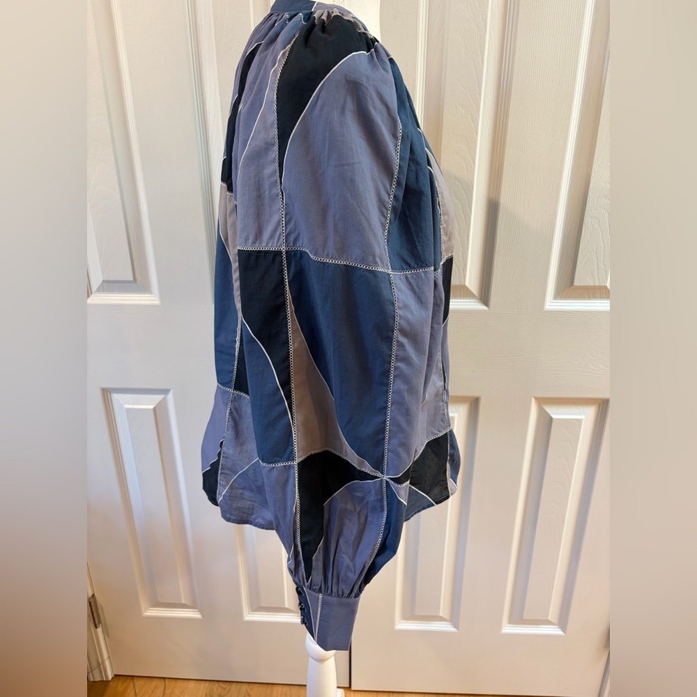 Sezane Lealys Blue Patchwork Cotton Button Up Blo… - image 3